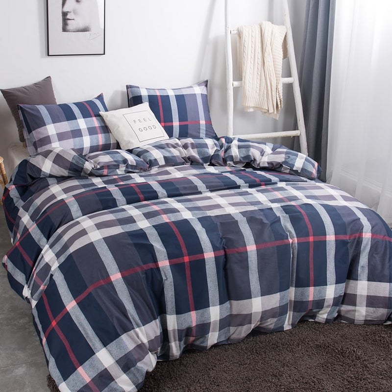 CLOTHKNOW Navy Blue Plaid King Size Comforter Set 3Pcs Tartan Bedding Comforter Sets Soft Blue White Grey Red Comforter with 2 x Pillow Cases - Image 2
